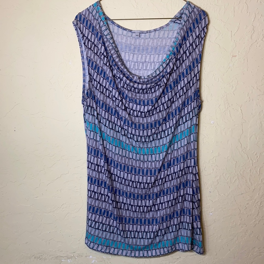 HALOGEN - Grey, blue, geometric print, top.  Large